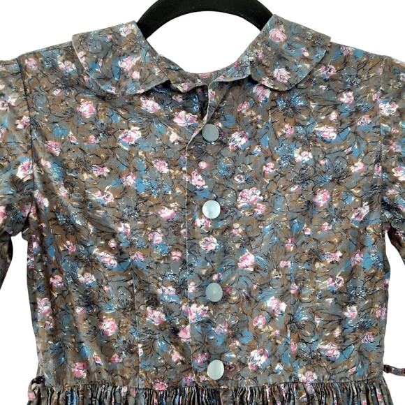 Vintage Girls Prairie Twirl Dress Pinafore Purple Tie Waist Collared Pinnie - Picture 9 of 16